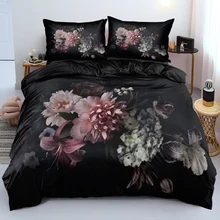 

3D Digital Rose Peony Duvet Cover Set Black Quilt Cover With Close Skin Pillowcases Single Double Queen King Sizes For Bedroom
