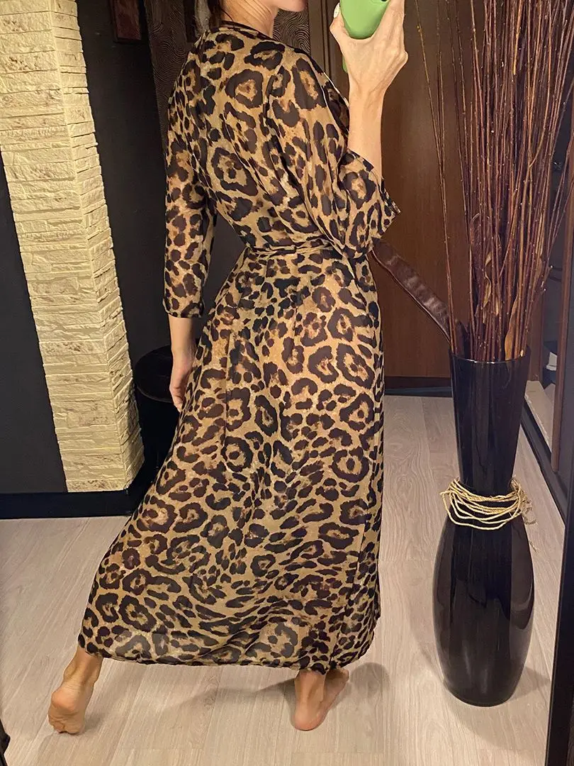 New Sexy Leopard Printed Beach Cover Up Chiffon Cover-ups Swimwear Beach Wear Summer Beachwear Female Women Long Dress K3219C 5
