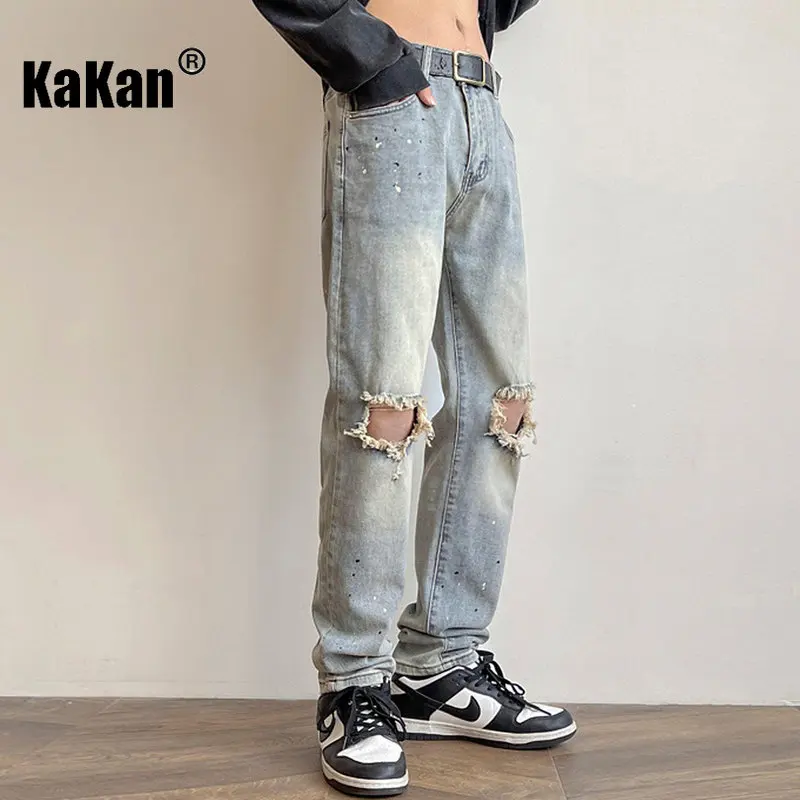 Kakan - Spring/Summer New Speckled Ink Jeans Men's Wear, High Street Perforated Straight Loose Fit Jeans K024-LQS720
