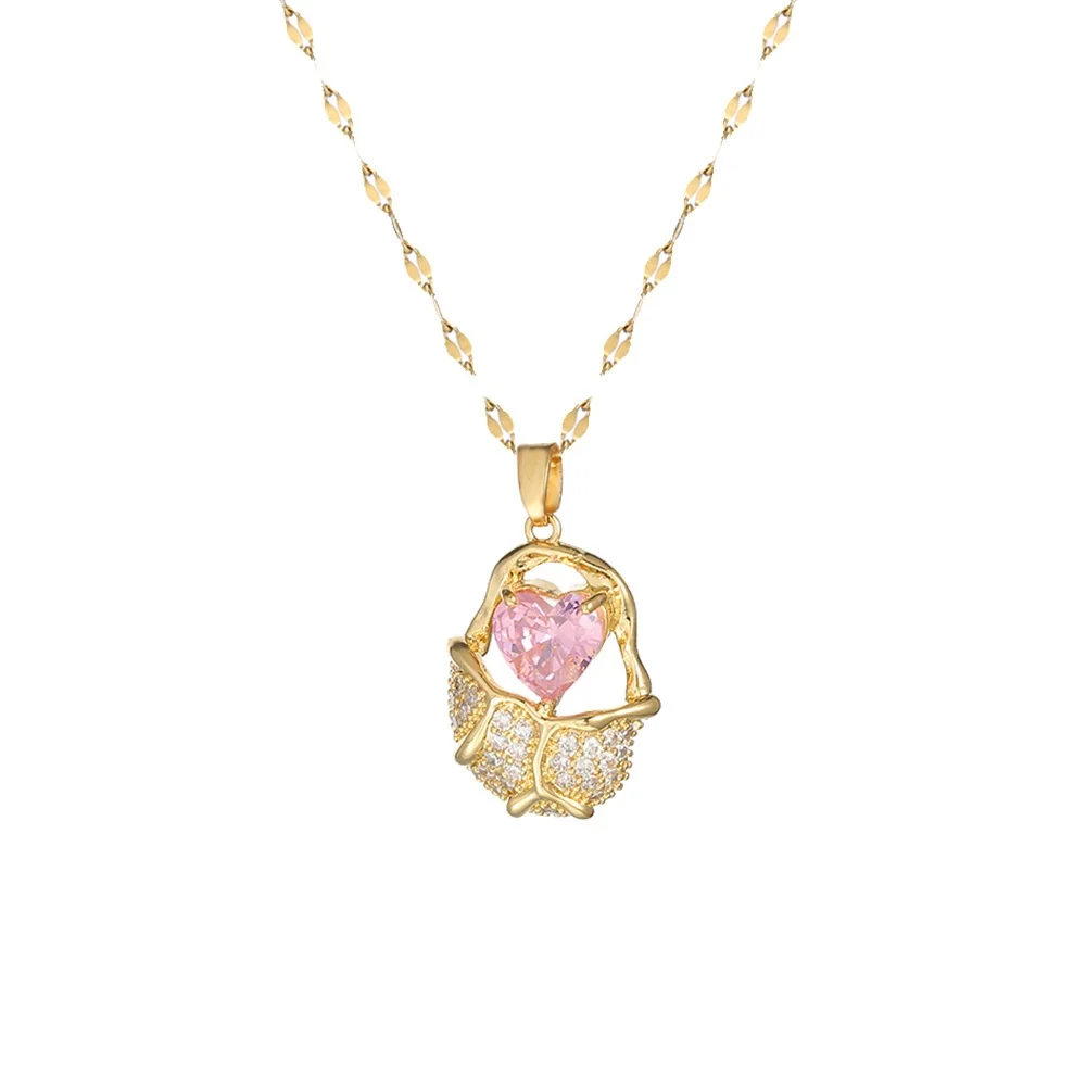 Light luxury fashion zircon pink love heart necklace for women, pendant