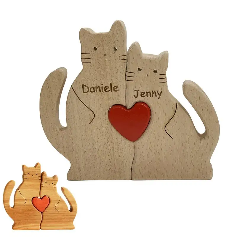

New Animal Wooden Puzzle Cute Cat Puzzle For Kids Red Heart Design Hugging Cat Ornament Cat Wooden Decoration Wedding Gifts