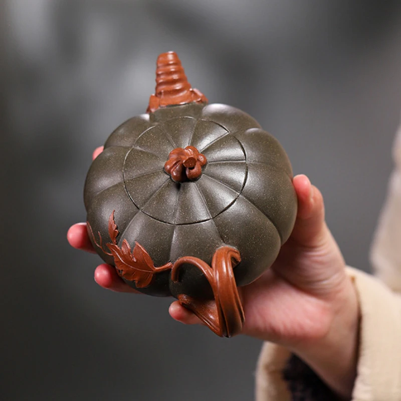 Chinese Style Pumpkin Shaped Teapot, Purple Clay Raw Ore Green Mud, Kung Fu Household, Pure Handmade, 310ML, Tea Pots, 1Pc