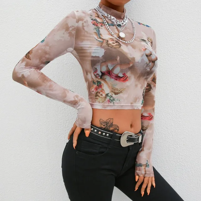 Women Summer Hollow Out Sheer Mesh Net Short Sleeve Crop Top Funny