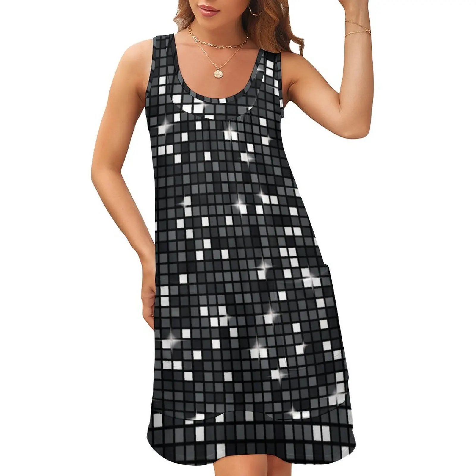

Black diamond Disco ball glitter. Sleeveless U-Neck Fake Two Piece Dress Women's dresses cocktail dresses