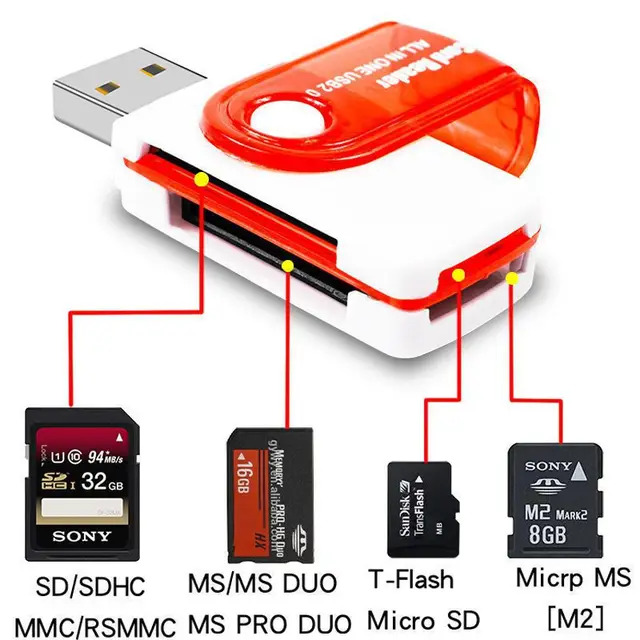 휴대성과 다재다능성을 겸비한 4 in 1 USB 메모리 카드 리더