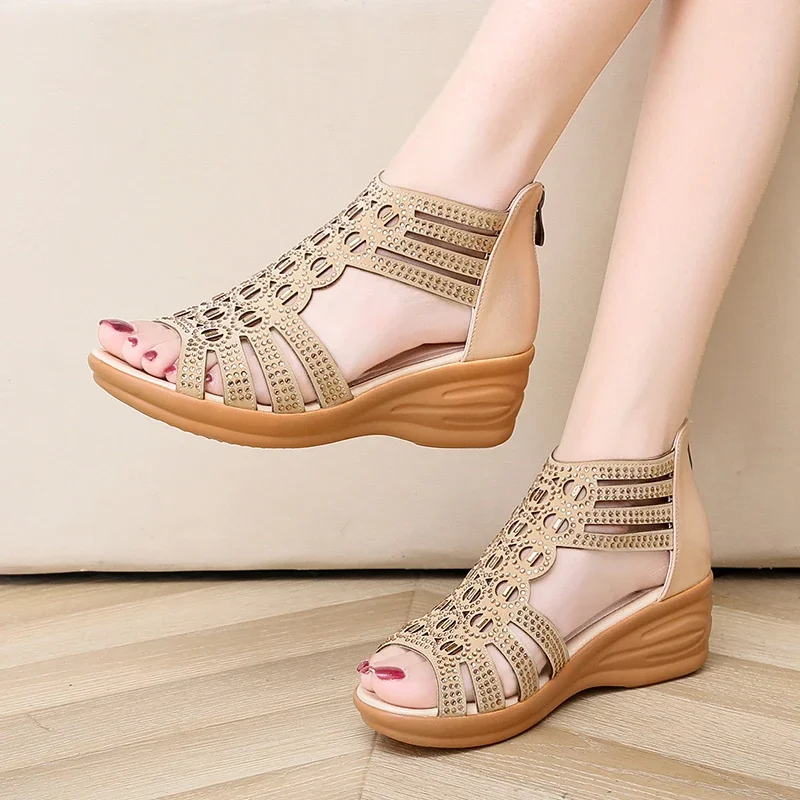Crystal Sandals Women Wedges Comfortable High Heels Hollow Out Zipper Sandals Flat Stylish