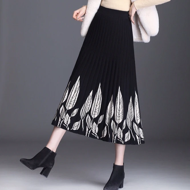 2021 New Knitted Women's A-line Skirt Mid Autumn Winter Long Wrap Hip High Waist  Printed Skirt Girl's Skirt Golden Leaves satin midi skirt