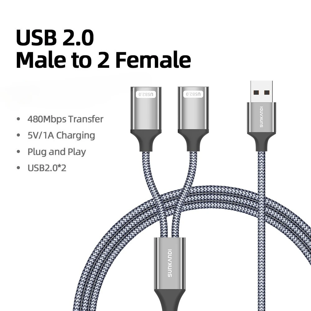 SUNKANDI Dual USB Female Hub Extension Cable