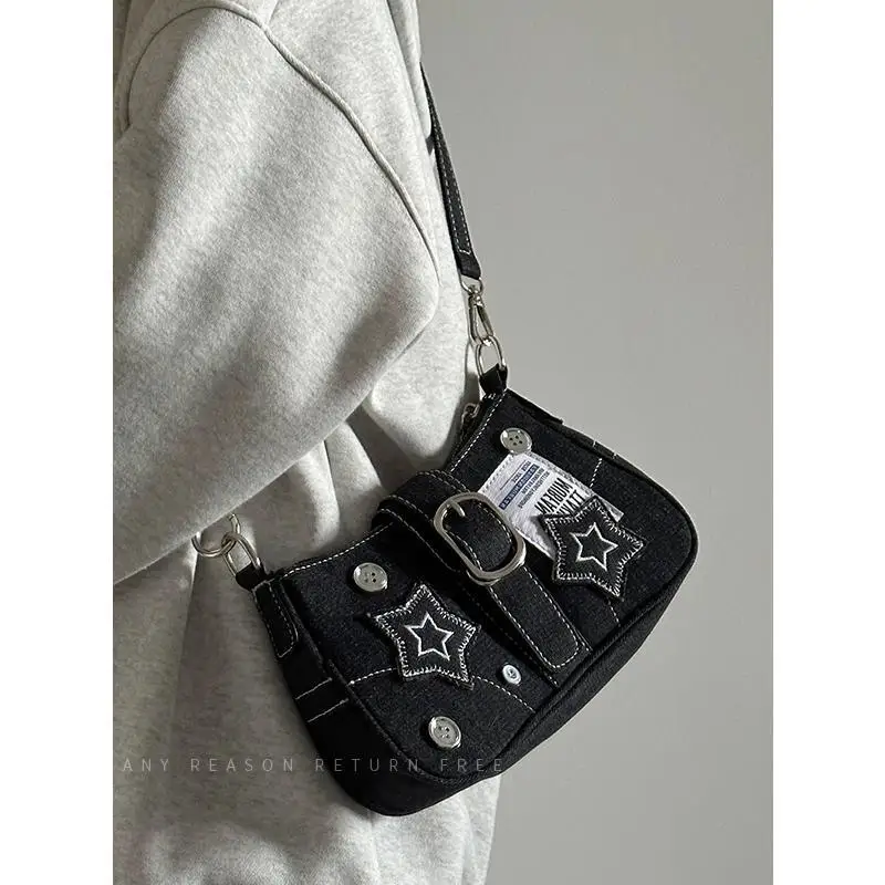Women's Bag2025New Star Denim Shoulder Underarm Bag Retro Button Handheld Chain Crossbody Bag