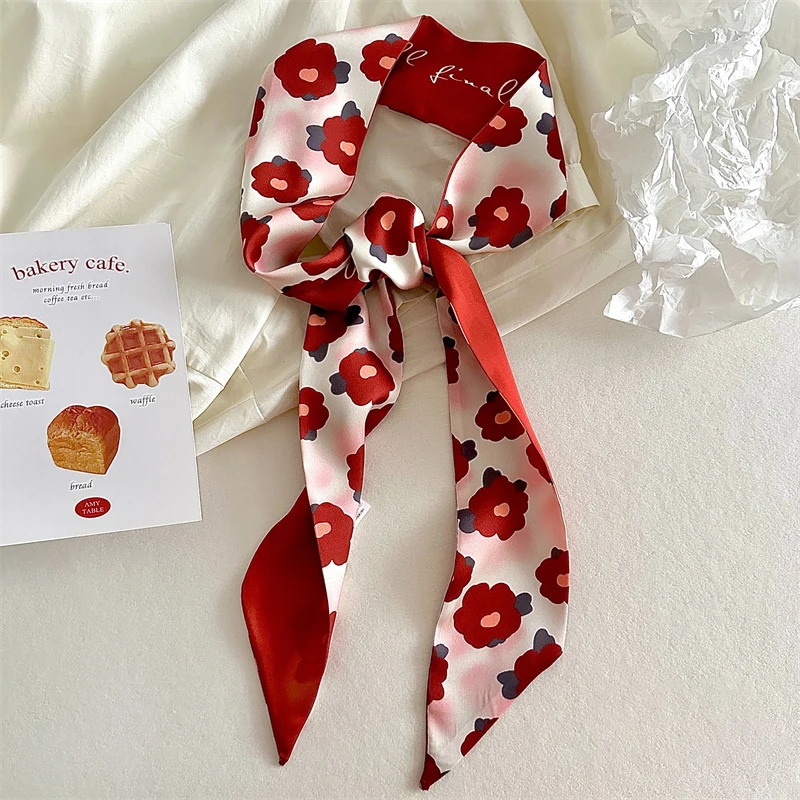 Luna&Dolphin Women Spring Skinny Long Scarf Red White Felower Love Print Chiffon Silk Tie Bag Ribbon Headband Choker 3
