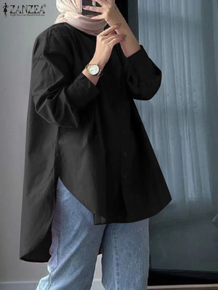 

ZANZEA Fashion Long Sleeve Muslim Blouse Woman Casual Irregular Hem Tops Female Elegant Solid Blusas Lapel Neck Shirt Abaya