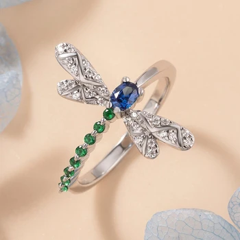 Huitan Chic Dragonfly Rings for Women Blue Green CZ Daily Wear Statement Girls Ring Birthday Gift Dance Party New Trendy Jewelry
