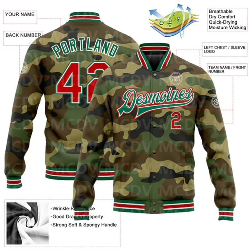 Custom Camo Red-Kelly Green Bomber Full-Snap Varsity Letterman Salute To Service Jacket custom camo red kelly green bomber full snap varsity letterman salute to service jacket