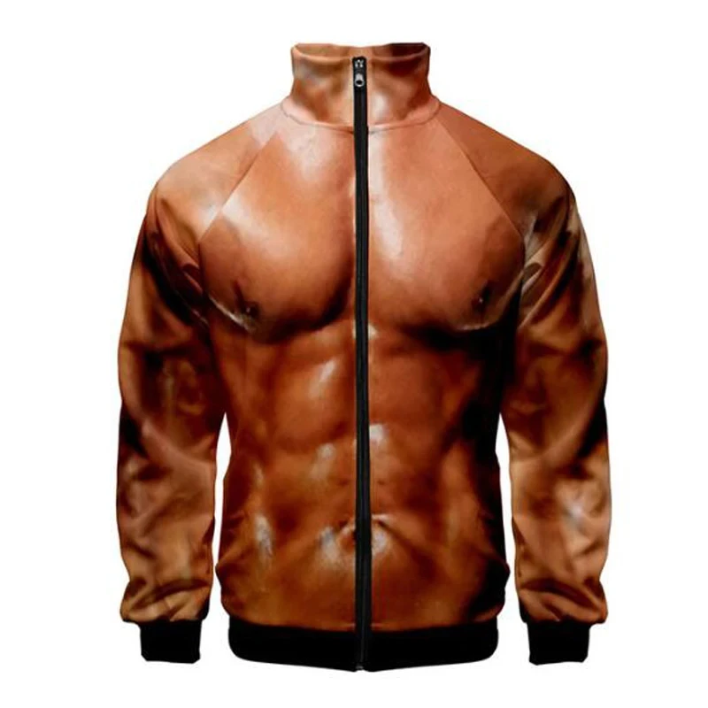 thumbnail image 1 of Chaqueta con cremallera y estampado 3D de músculos falsos para hombre, chaqueta de manga larga con cuello alto, ropa de moda, abrigo informal de talla grande, 1 of 4