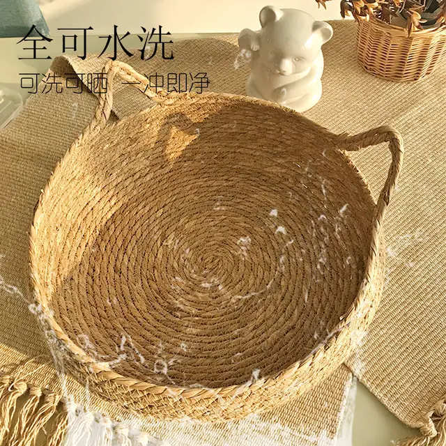OUZEY Rattan Weaving Cat Basket Pet Cat Bed With Cushion Soft Warm Puppy Kitten Bed Donut Round Comfortable Sleeping Cat House 6