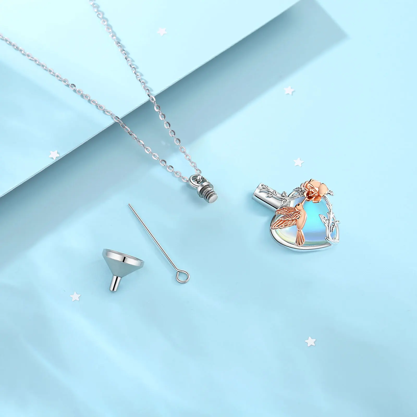 925 Sterling Silver Hummingbird Rose Ashes Urn Pendant Necklace Tree of Life Moonstone Cremation Urn Memorial Jewelry