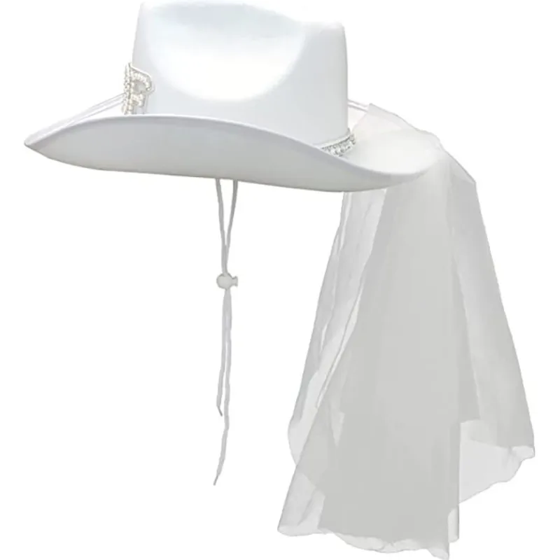 Bride White Cowboy Veil Hat Pearl Rhinestone Wedding Cowgirl Hat Bach Bachelorette Hen Party Bridal Shower Decoration Gift 2