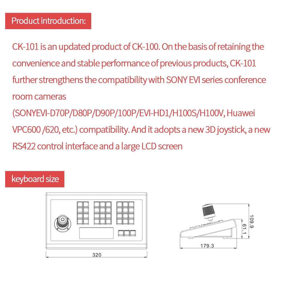 Conference Camera Control keyboard For ZTE 212AF Huawei VPC600 RS422 Control Interface 3D Joystick CK-101 Network Controller