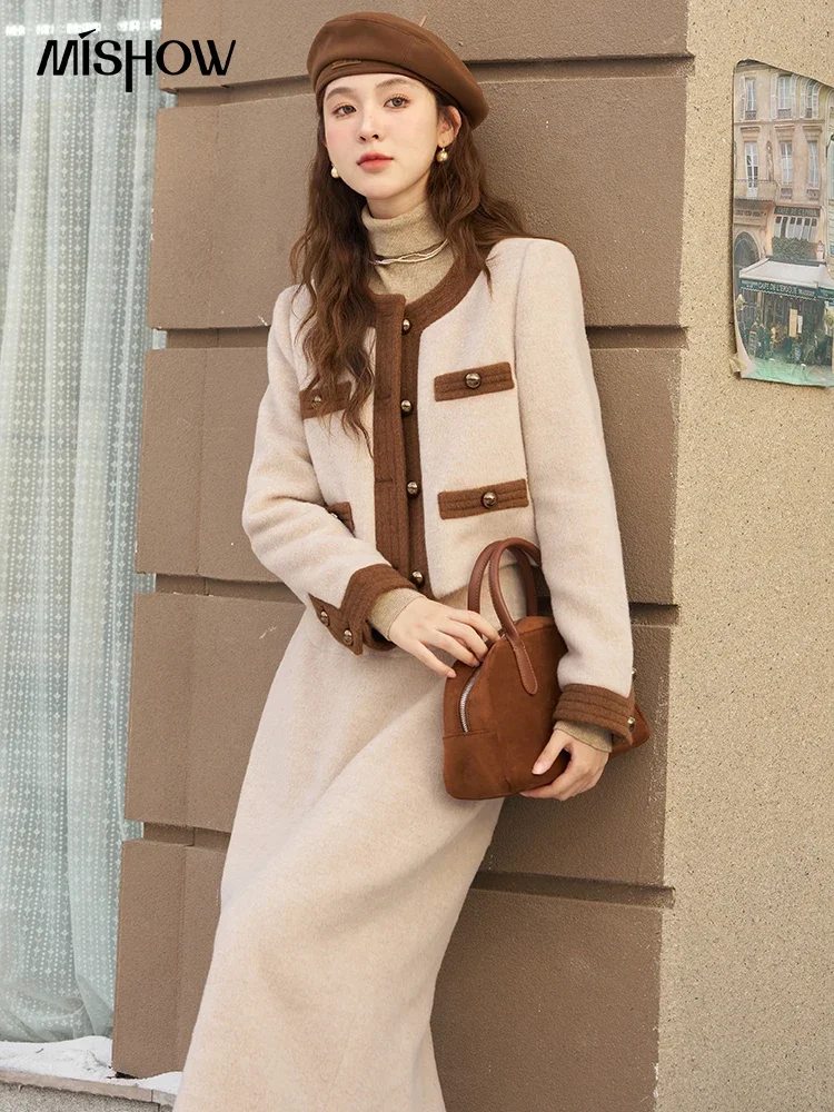 MISHOW Winter Warm New Skirt Two Piece Set Women Outfit 2023 Wool Blend Short Coat Midi Skirts New in Matching Sets MXC56B0194