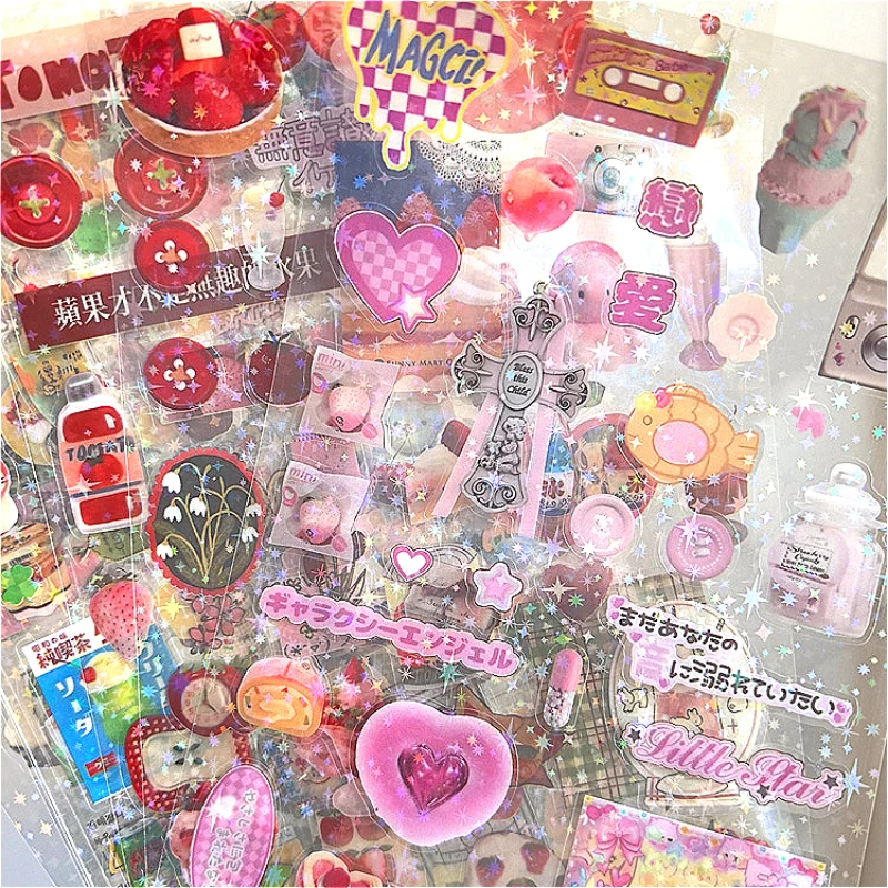 9pcs 글리터 플래시 Y2K 스티커 귀여운 탑로더 저널링 데코 스티커 (휴대폰 카메라 레이저 카와이 스티커 선물)