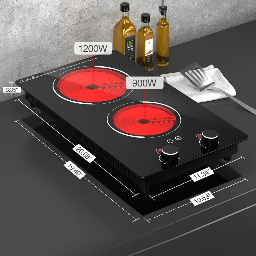 110v Electric Cooktop 2 Burners, 12'' Electric Stove Top with Plug in, Knob Control Countertop & Built-in Ceramic Cooktop