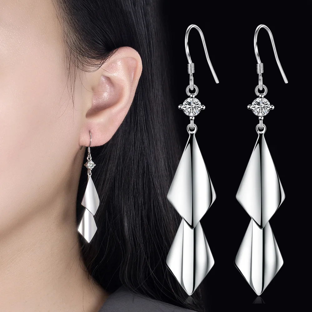New Bohemian Ethnic Style Double Leaf Blade Geometric Tassels Zircon Long Drop Earrings 925 Sterling Silver Women Jewelry Gift