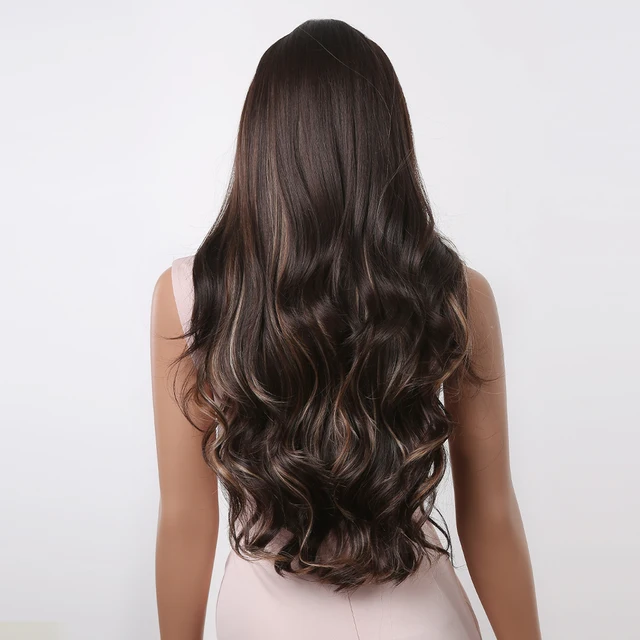 Brown with Blonde Highlight Synthetic Hair Wigs Long Wavy Wig Middle Part for Women Daily Use Party Cosplay Wig Heat Resistant 4