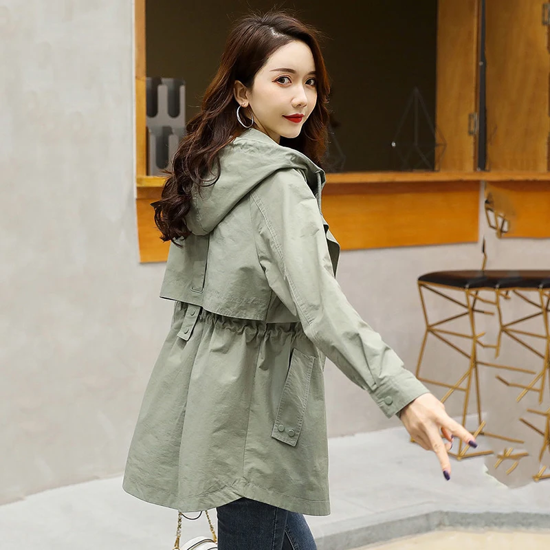 Hooded Trench Coats For Women Adjustable Waist Cargo Jackets Khaki