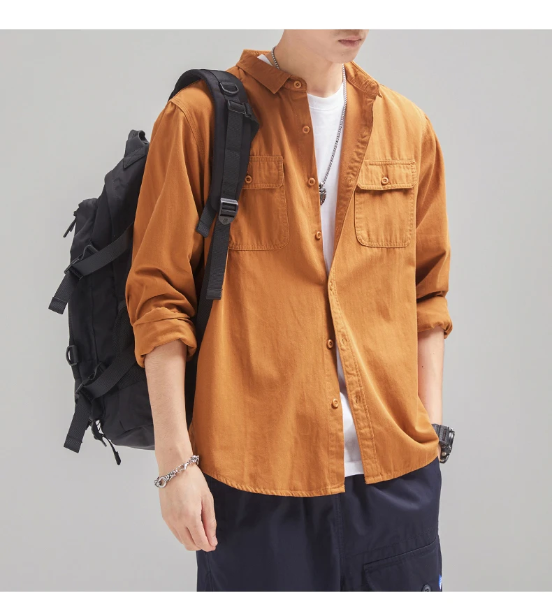 

New Mens Vintage Shirt Male Lone Sleeve Cargo Shirts 100% Cotton Casual Solid Shirt Male Pocket Work Shirt Man Clothing