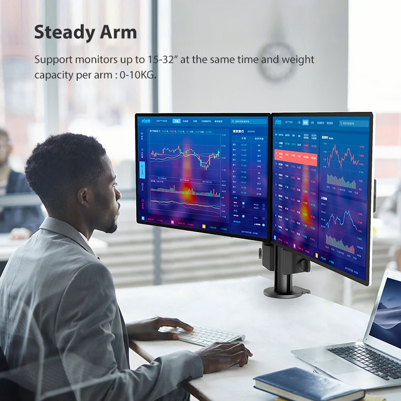 BEWISER braço duplo 360 graus giratório monitor stand é usado como suporte de mesa para 13-32 polegadas computador tela dupla. A altura é ajustável e pode ser girado em qualquer ângulo. Pode apertar a espessura de 10-1