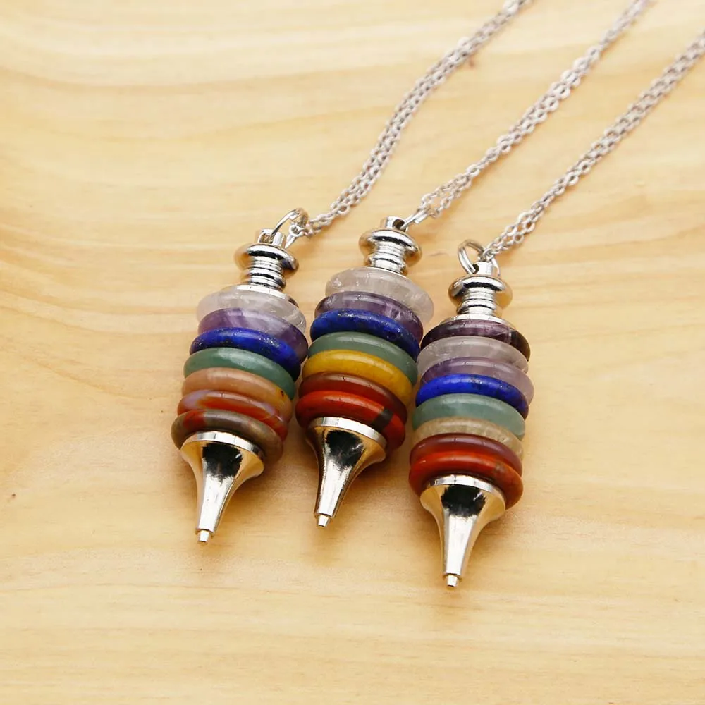 Charm Natural Crystal Seven Color Stone Round Piece Pendant Detachable Stainless Steel Style Sweater Chain Necklace Jewelry 3Pcs