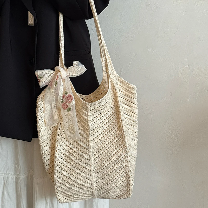 Hollow Out Large Capacity Ribbon Decoration Shoulder Bags Female Bags New Beach Vacation Women's Handbags