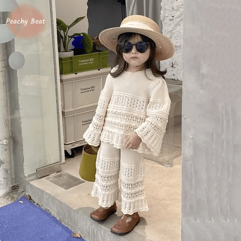 

Fashion Baby girl Knitted Clothes Set Sweatershirt+Wide-leg Pant 2PCS Infant Toddler Child Dust Coat Casual Baby Clothes 1-10Y