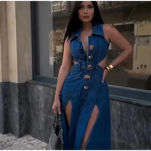 【BAON】Suu Ribbon Denim Sleeveless Long One Piece Sexy Denim Hollow Out Women Dress See Through Sleeveless