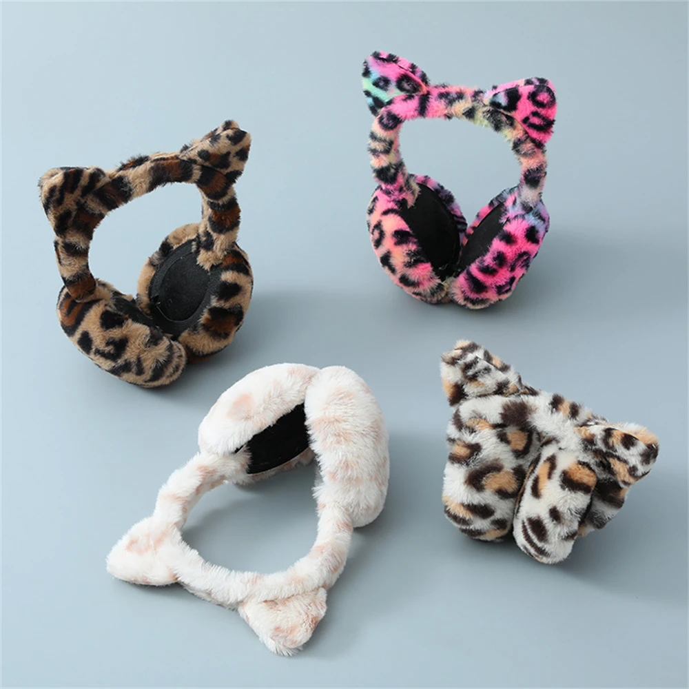 Leopard Foldable Leopard Print Earmuffs Winter Warm Thickened Ear Cover Women Windproof Frostproof Earlap Simple Plush Hairband