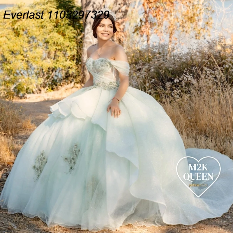 

EVLAST Mint Green Quinceanera Dress Ball Gown Lace Applique Beading Tiered Corset Birthday Sweet 16 Vestidos De 15 Anos TQD760