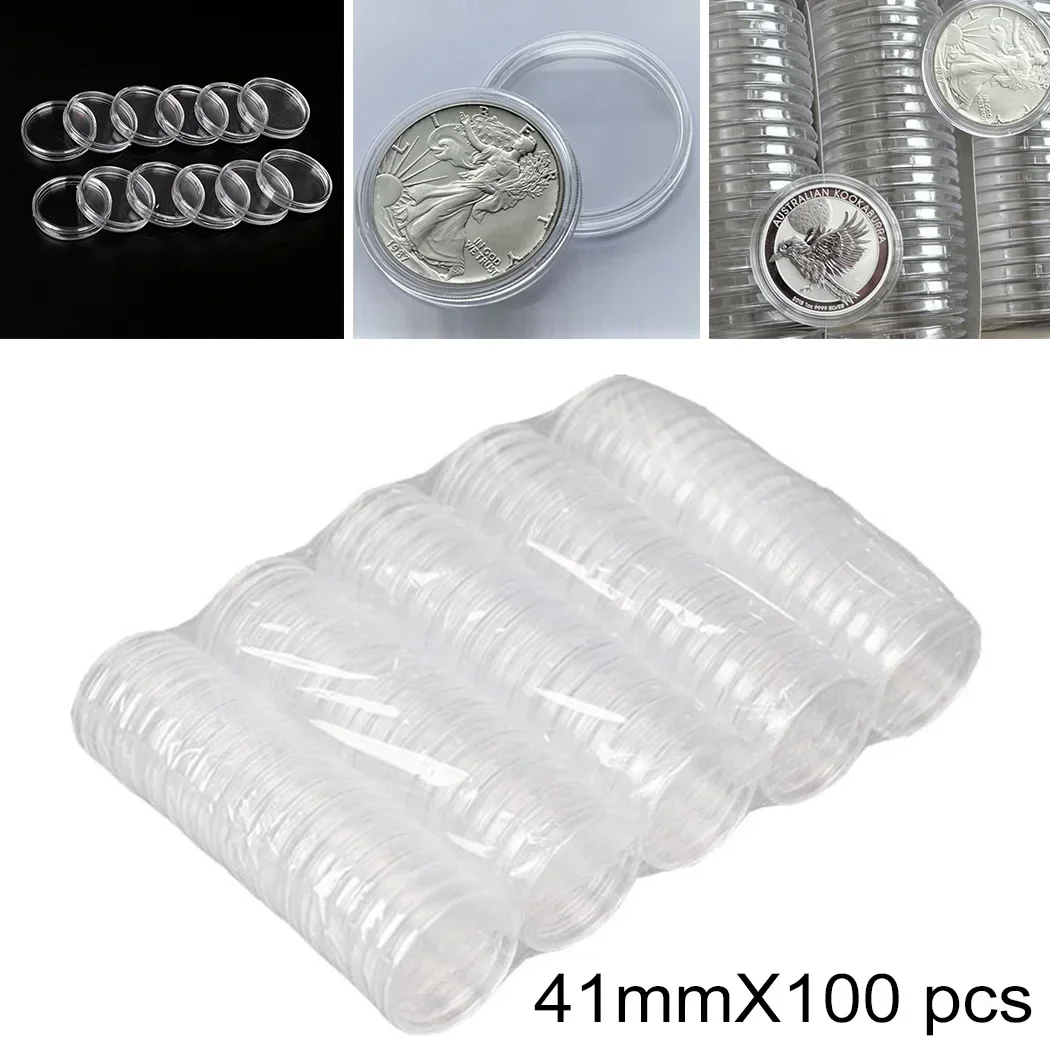 100pcs Transparent Round Boxes Coins Collection Large Capacity Plastic Capsules Cases 41mm*100 Capsules 1oz Coins Box Home 6