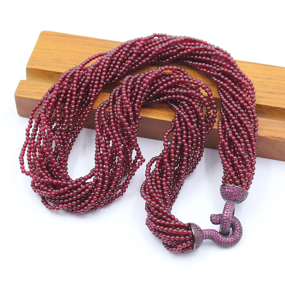 20 Strands Natural Smooth Round Garnet Beads Necklace Gunmetal Color Plated Purple CZ Pave Clasp 19inch For Women