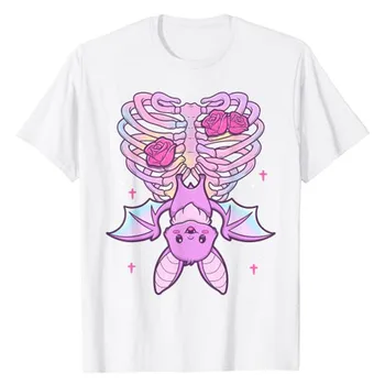 Kawaii Pastel Goth Cute Creepy Bat Skeleton T-Shirt Anime Vaporwave Aesthetic Clothes Graphic Tee Tops Halloween Costume Gifts 2