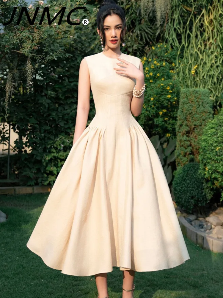 

JNMC 2024 Women Fashion Evening Dress O-neck Sleeveless Pleated High Waist Solid Color Elegant Party Dresses Spring