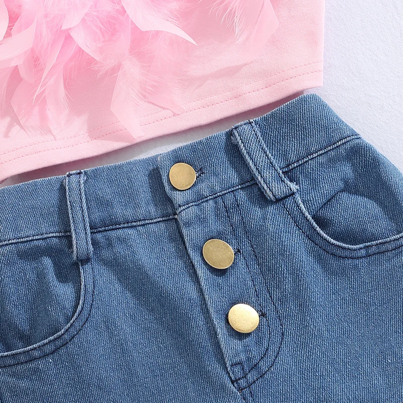 Kids Clothing Set Girls Clothing Set FOCUSNORM Little Girls Fashion Clothes Sets 1-6Y Ruffles Fur Feather Sleeveless Camisole Tops + High Waist Denim Pants 2pcs