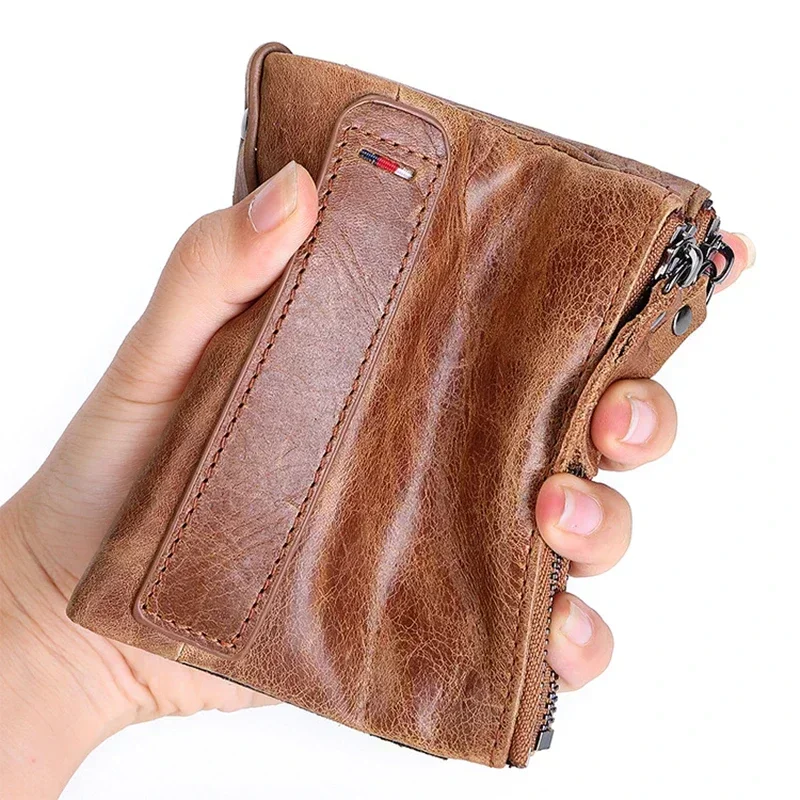 

Мужской короткий кошелек 2024, маленький винтажный кошелек, брендовые высококачественные кошельки с защитой от кражи, кошелек на двойной молнии, дизайнерский держатель, кошелек