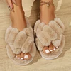 Winter Indoor House Cotton Slippers Women's Colourful Plush Fluffy Flip Flops Fashion Cross Flannel Warm Flats Slippers 6