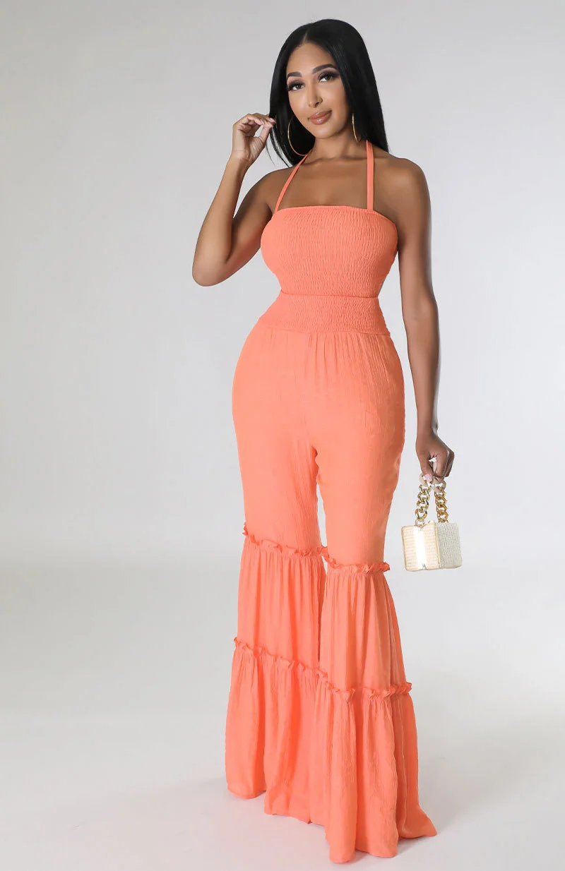 

Zoctuo Summer Halter Jumpsuits For Women Bodycon Shiny Orange Pleated Ruffles Fashion Casual Lace Up Wide Leg Flare Jumpsuit