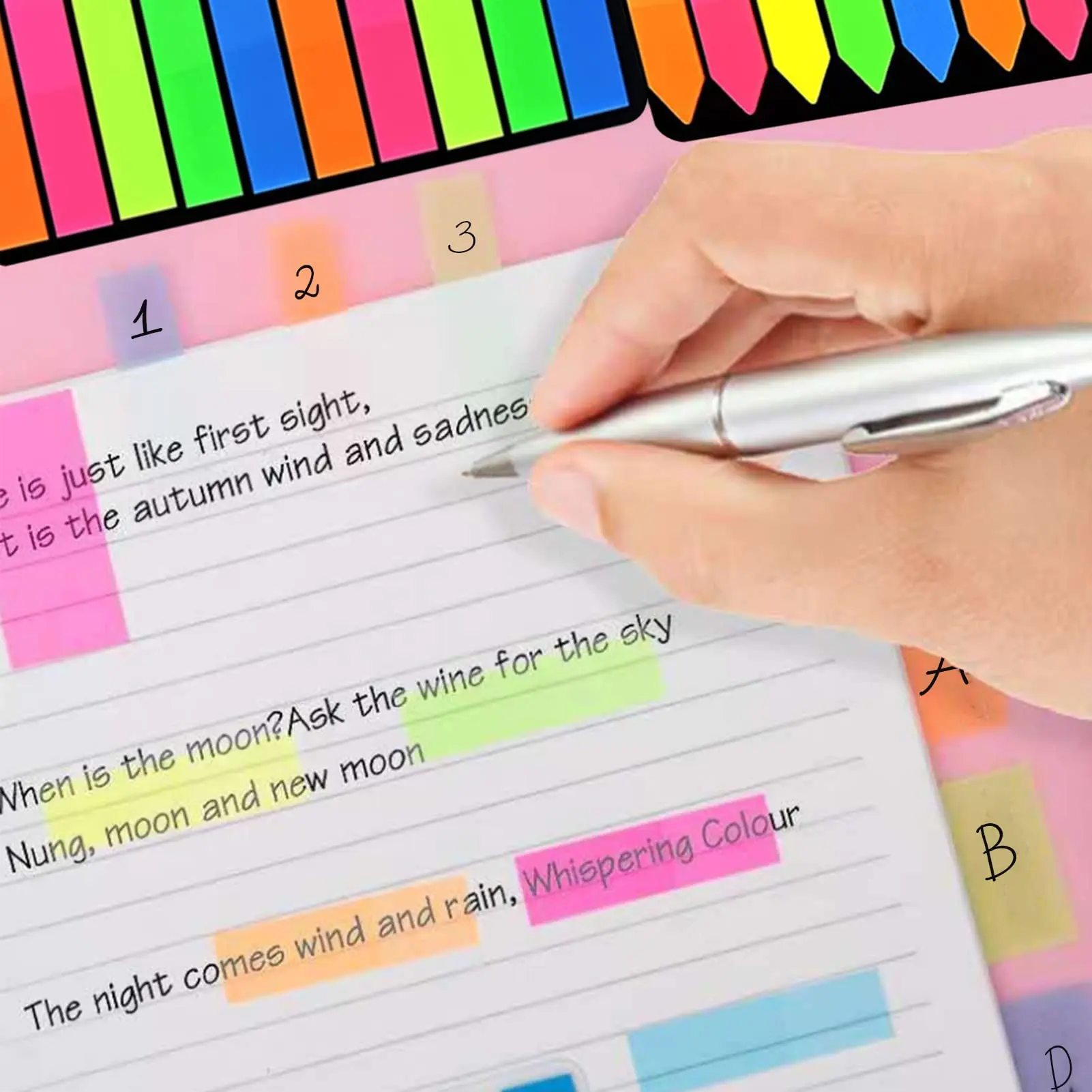 PET Page Markers Sticky Index Tabs, Bright Colors Arrow Flag Tabs for Book Annotation, Writable File Classification Labels 4