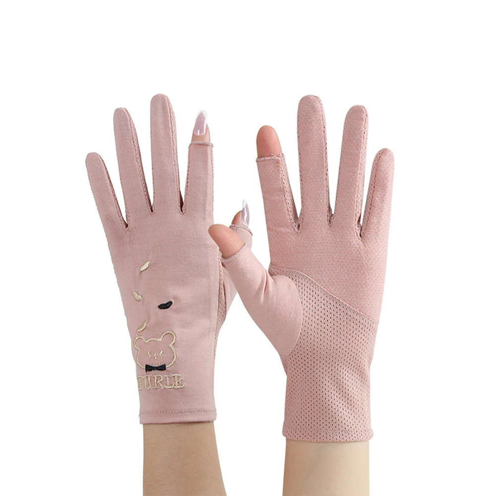

Sun-proof Embroidered Bear Lady Anti-UV Summer Five Fingers Mitts Thin Gloves Sunscreen Mittens Drive Mitten