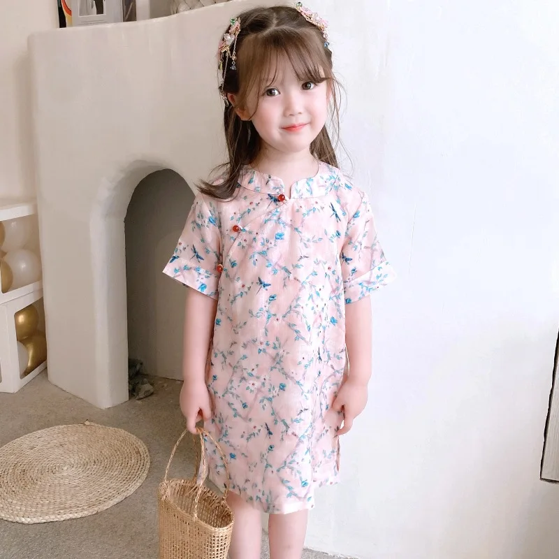 

2023 Spring and Summer New Tang Costume Floral Children's Han Chinese Costume Cheongsam Girl Dress Baby Ethnic Style Retro Style