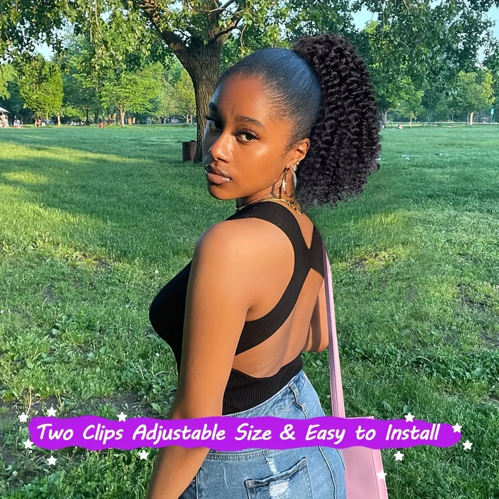 Synthetic Short Ponytail 14 Inch Afro Puff Kinky Curly Drawstring Ponytail Clip In Hair Extensions Natural Hairpiece For Women