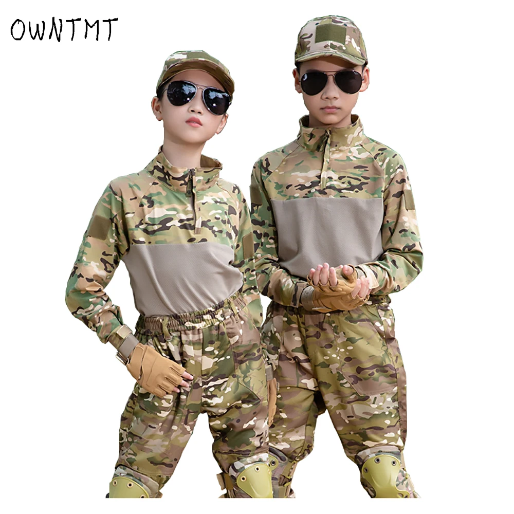 Tactical Suit Kids Outdoor Breathability Elastic Cotton Camouflage Uniform for Children Multi Pocket CS Clothing Training Hunt Special Costume