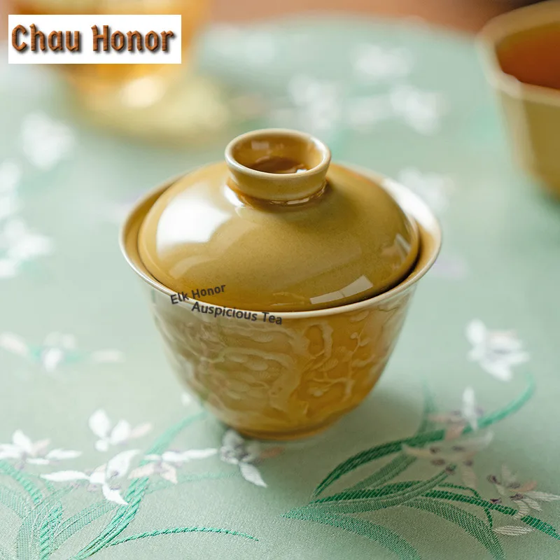 100ml Amber Yellow Ceramic Gaiwan Zen Tea Tureen Tea Bowl with Lid Kit Tea Making Cover Bowl Teaware Accessories Collection